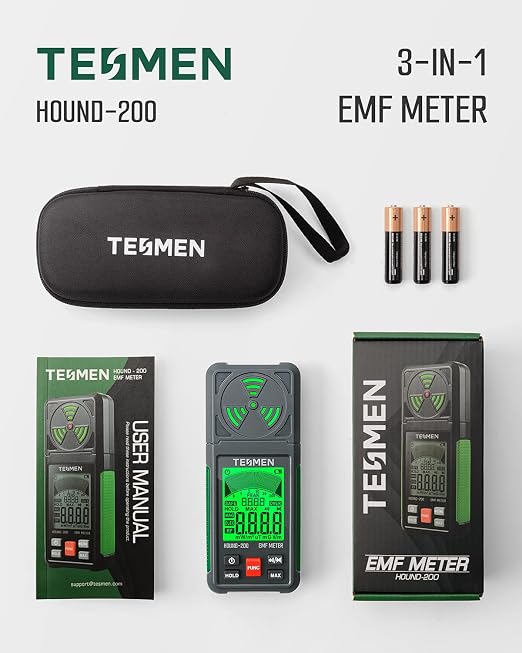 TESMEN EMF Meter, Hound-200 EMF Detector: 3-in-1 Portable Electromagnetic Field Radiation Detector for EF, RF, MF, WiFi Signal, Suitable for Home, Office EMF Inspections and Ghost Hunting - Green