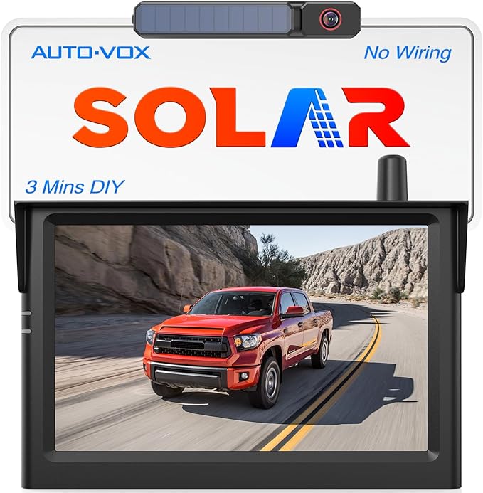AUTO-VOX Solar Wireless Backup Camera:5" 1080P HD Monitor3-Minute Easy to Install & 5000mAh Battery Powered Back Up Camera System,IP69K Waterproof Wide Angle Reverse Camera for Car Truck Trailer Van