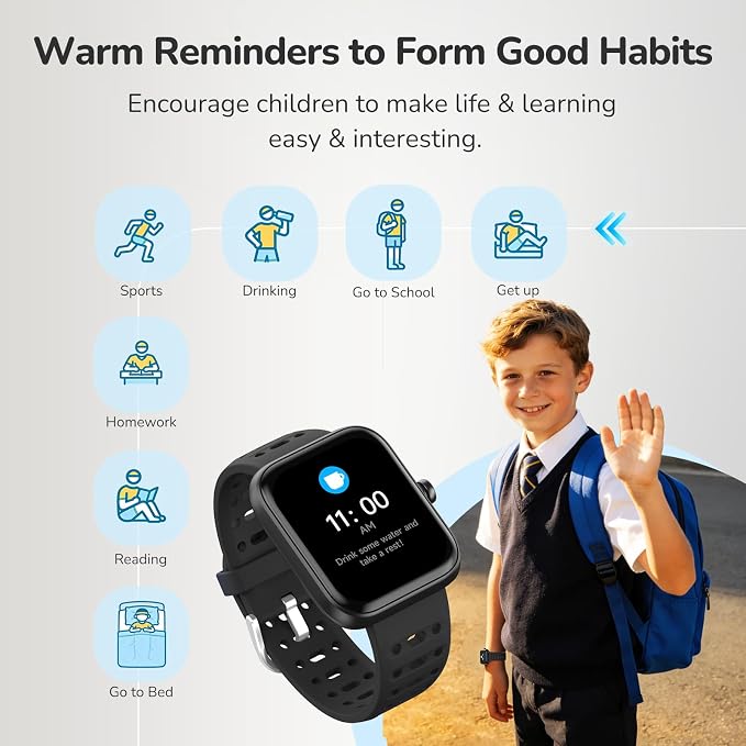 Smart Watch Kids Fitness Tracker, Kids Smart Watch with Health Monitor, Activities Track & Water/Rest/Task Reminder, IP68 Waterproof Smartwatch with Puzzle Games, Boys Gift for Birthday-Black(2 Bands)