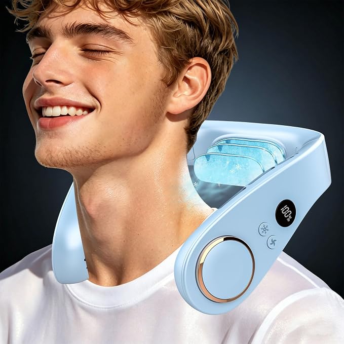 Neck Fan with Cooling Plate-24H Quiet Powerful Fans that Blow 5 Speed&Power LED Display-USB 5500mAh Bladeless Wearable Personal AC Cooler for Light Blue
