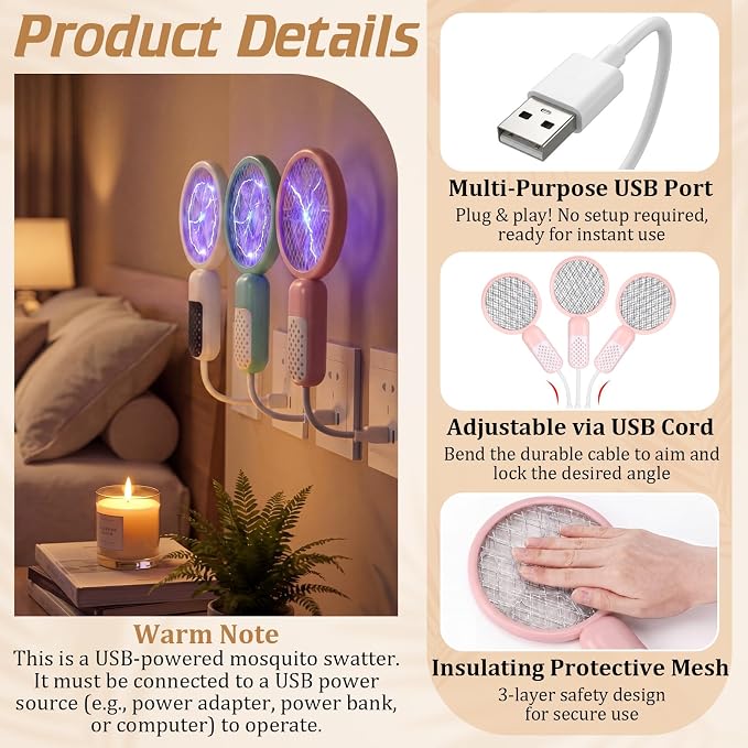 3 Pcs Mini Electric Mosquito Swatter Plug-and-Play USB Bug Attracting Lamp Portable Mosquito Killer Lamp UV Insect Trap Safety Net for Outdoor Gnats, Moths, Fruit Flies (Morandi Colors)