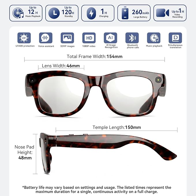 AI Smart Glasses with HD Camera, BT Call, 8MP Anti-Shake Camera Glasses with 1080P Video Recording Dual Mic, Simultaneous Interpretation/GPT Identify Objects, Photochromic Lens Leopard Print