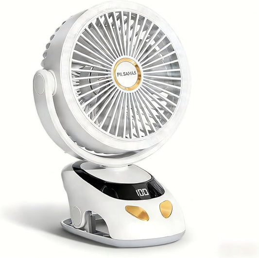 PILSAMAS Clip on Fan Rechargeable with LED Light, 10000mAh Battery & Digital Display, 40H, 5-Speed Quiet Desk Fan with Sturdy Clamp for Bed, Office, Camping, Stroller, Gym, Treadmill (160°H 90°V)