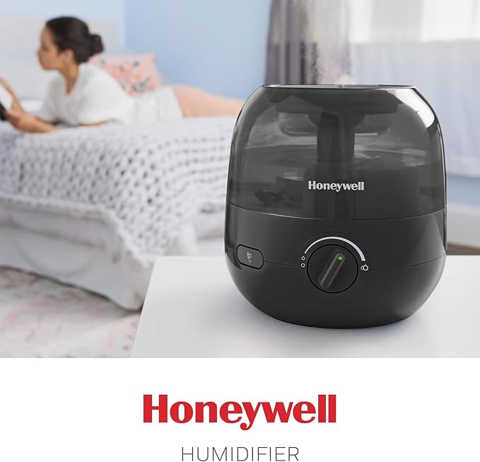 Honeywell Small Compact Ultrasonic Mini Cool Mist Humidifier with Adjustable Mist Control and Essential Oil Tray for Indoor Humidity, Black
