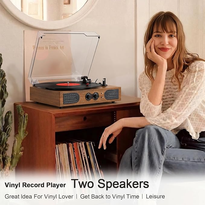 Vinyl Record Player with Built-in Stereo Speakers, 3-Speed Belt-Drive Turntable, Treble & Bass Control, RCA-Out/AUX-in, 3.5mm Headphone Jack—Vintage LP Player for Home & Gifts, Walnut