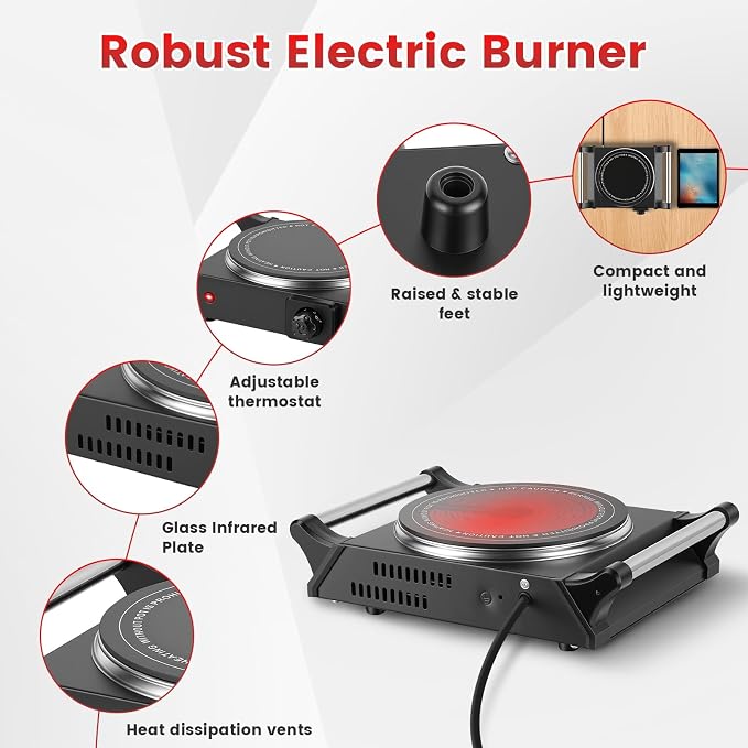 Electric Burner, Electric Hot Plate for Cooking Portable Cooking Stove, Countertop Burner Cooktop for Kitchen, Dorm, Temperature Control, Easy to Clean, Black