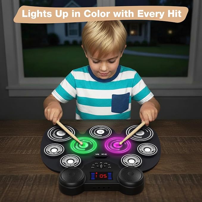 Electric Drum Set with 7 Colorful LED Light Patterns, Better Rebound Feel Electronic Drum Kit Featuring Bluetooth MIDI, 9 Drum Pads, and Dual Speakers, Christmas Birthday Gift for Kids Adult