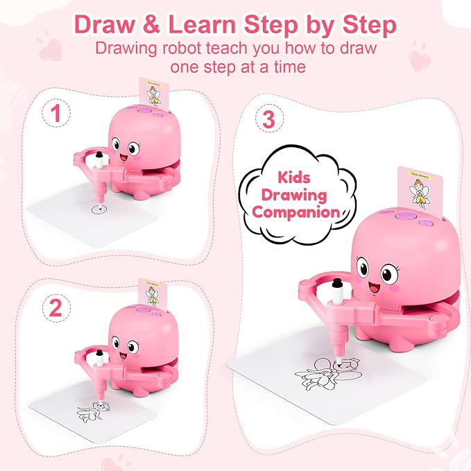 Drawing Robot for Kids Toy, Gifts for 3 4 5 6 7 8 9 Year Old Boys & Girls | Robot Drawing Machine, Electric Music Painting Learning Toys, Birthday Christmas Gifts, 150 PCS Cards, 12 Color Pens, Pink