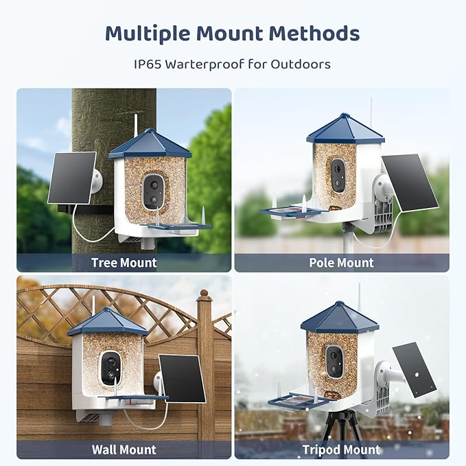 LIWAN Bird Feeder with Camera Solar Powered, 1 Year Trial AI Identify, 2K Live Video, Smart Bird Feeder Camera Wireless Outdoors, 2.4GHZ WiFi, Instant Arrival Alerts, Ideal Gift for BirdLovers