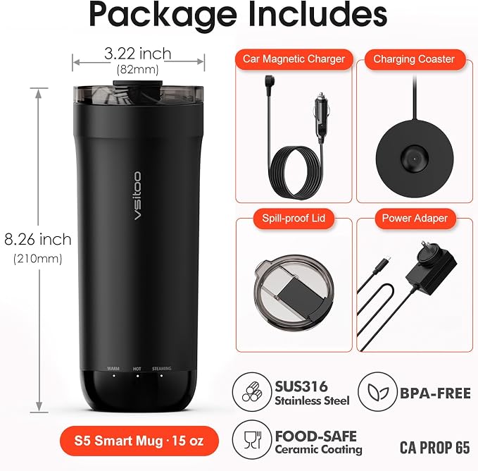 Vsitoo S5 Self Heating Travel Mug 16oz, Rechargeable Coffee Mug with Car Charger Kit, AI Auto-Sensing Temp Control Heated Cup for Home Office Car, App Control, Gift Women Men - Black