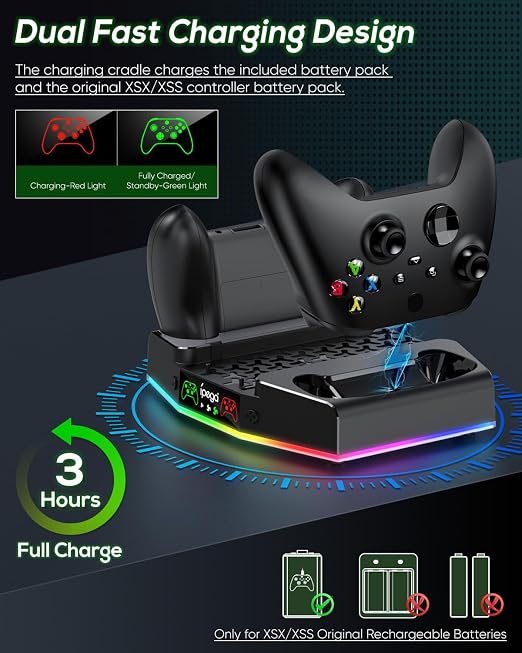 Cooling Stand & Charging Station for Xbox Series S with RGB Light Strip,Dual Controller Charger & Cooler Fan for XSS Console Accessories with 2*1400mAH Rechargeable Battery Pack,1*Headphone Hook,Black