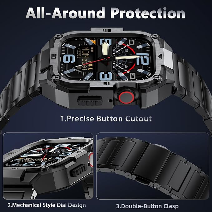 Stainless Steel Case with Band Compatiable for Apple Watch Band 44mm -Rugged Metal iWatch Bumper Cover and Strap for Men iWatch Bands Series 6 5 4,Black