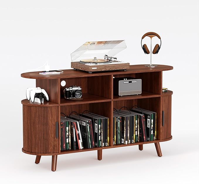 Garvee 55'' Fluted Mid Century Modern Turntable Cabinet with Vinyl Storage, Large Round Record Player Stand with Charging Station and Display Shelf, Arched Wood Record Player Table for Living Room