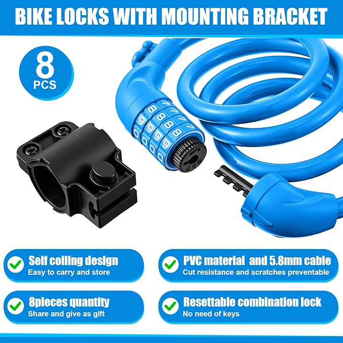 Hotop 8 Pcs Bike Locks Bulk High Security 4 Digit Heavy Duty Bicycle Cable Locks with Mounting Bracket 4 Ft Resettable Coiling Bike Lock with Combination, 1/2 Inch Diameter(Blue)