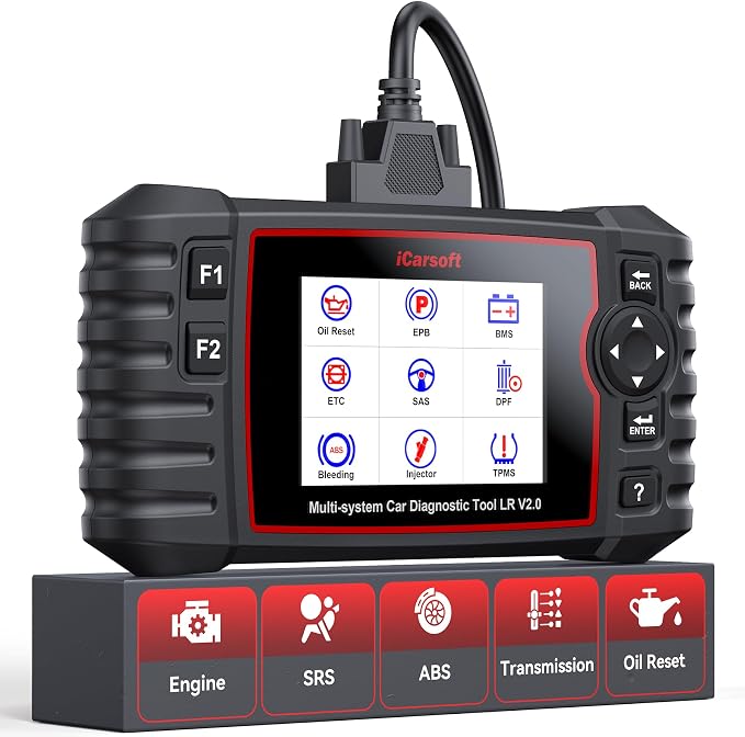 iCarsoft OBD2 Scanner for Landrover/Jaguar 9 Reset Functions Oil Reset BMS TPMS etc, Full System Diagnostic Tool with Airbag Transmission Scan, Battery Test/Live Data, LR V2.0 Car Code Reader