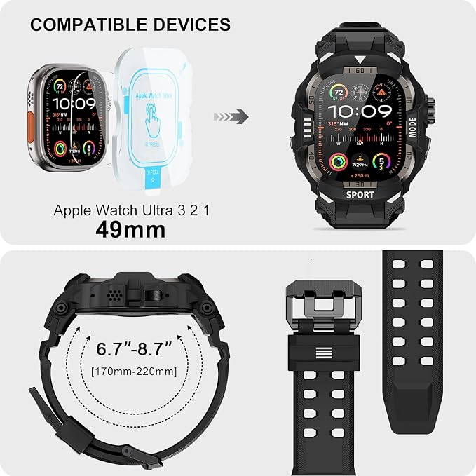 DABAOZA Rugged Case with Band Screen Protector Compatible with Apple Watch 49mm, for iWatch Ultra 3/2/1,Military Grade Shockproof Bumper and Men's Tactical Heavy Duty Strap(Black/Black,49MM)