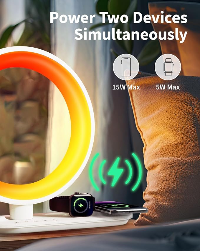 4 in 1 Bluetooth Speaker Night Light with Wireless Charger, Atmosphere Lamp with 24 Soothing Sounds, 16M+ Colors & App Control, Smart Light Sound Machine for Bedroom Home Decor (White)