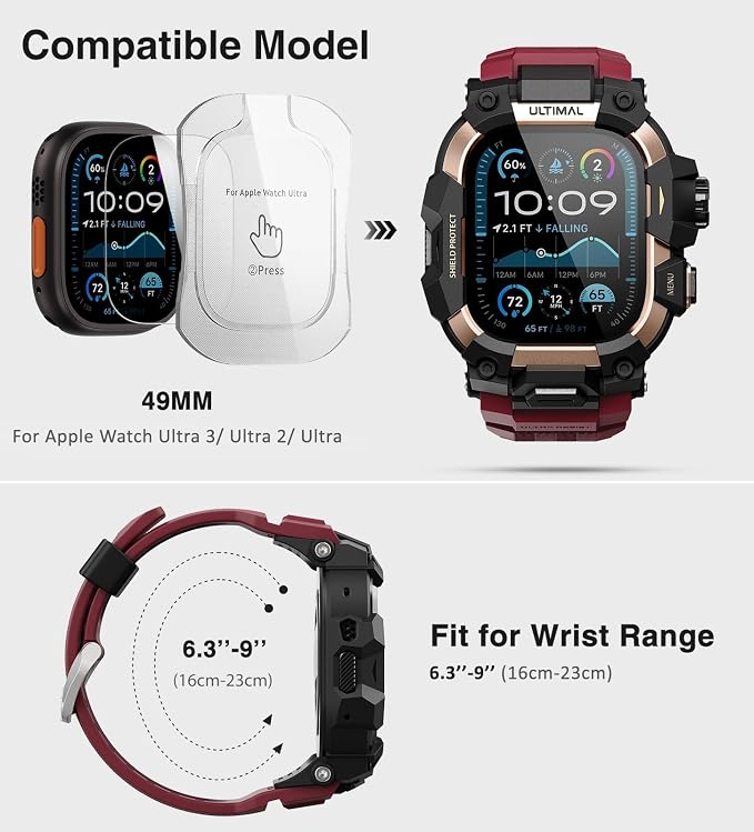 ULTIMAL Rugged Case with Band for Apple Watch 49mm,Compatible with Apple Watch Ultra 3/2/1, Military Grade Shockproof Bumper Cover for iWatch Tactical Band Men (49mm,Red)