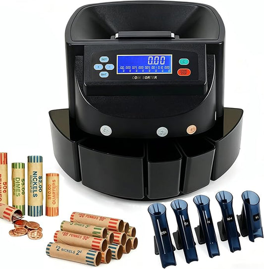 Professional Coin Counter Coin Sorter and Wrapper Machine, Accurate Smooth All USD Coins Change Sorter and Wrapper, with 5 Coin Bins & 5 Coin Tubes, 4 Sets Wrappers, 270pcs/min