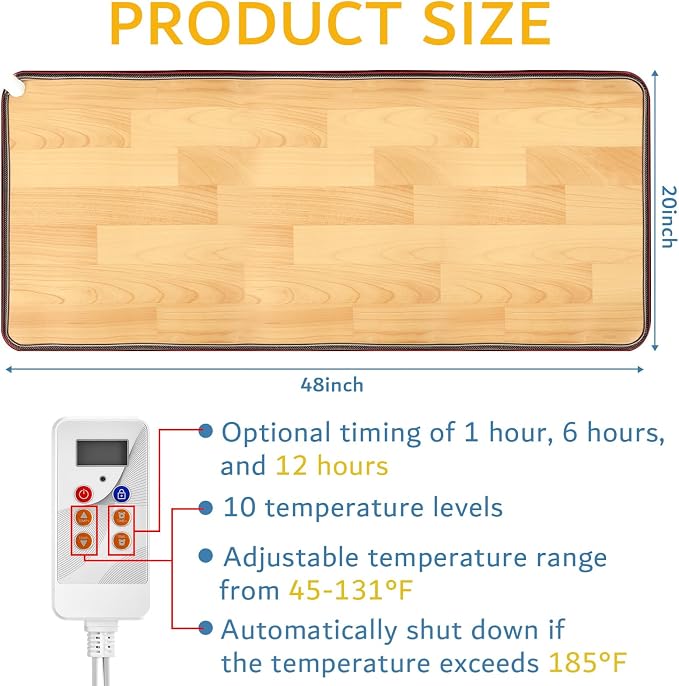 PVC 110V Heated Floor Mat Heater for Foot Warmer Under Desk 48 x 20 Inch Carbon Crystal Wood Stripe Electric Heating Carpet Pad Energy Saving Indoor Heated Rug for Home Office House Brown