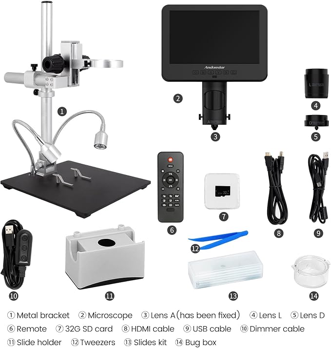Andonstar AD246S-M HDMI Digital Microscope 2000x for Adults, 3 Lens 2160P UHD Video Record, 7 Inch LCD Soldering Microscope for Electronics Repair, Error Coins, Pro Boom Arm Stand, Windows Compatible