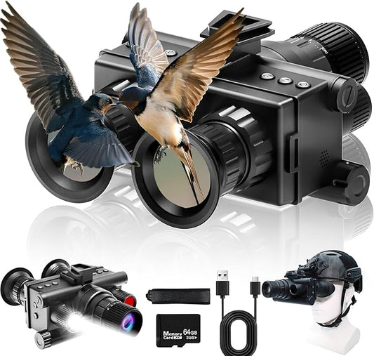 4K Helmet-Mounted Night Vision Binoculars with 8X Magnification, 1970ft Vision Range, 1.4-inch Dual-Circle Screens & 64GB Card for Camping Security, Black