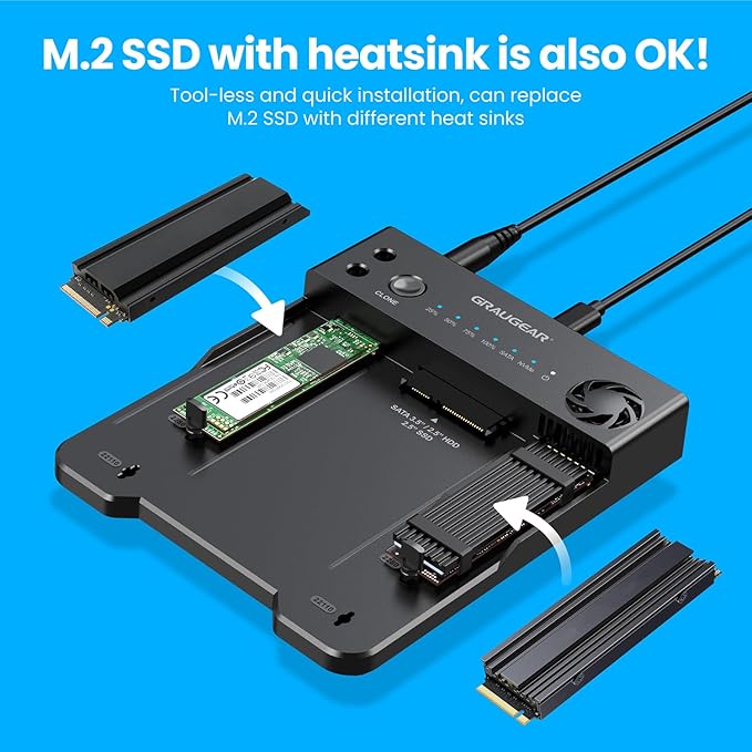 GRAUGEAR NVMe M.2 & SATA SSD/HDD Hard Drive Docking Station, USB-C 10Gbps NVMe Reader, SATA to M.2 NVMe Cloner, 2.5/3.5 Hard Drive Enclosure Clone Station, Dual Bay Offline Clone