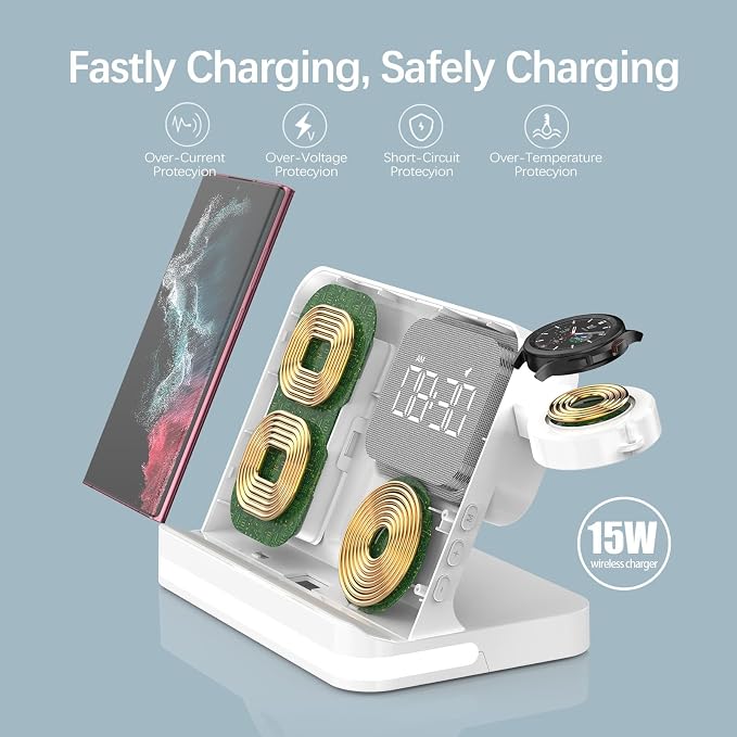 3-in-1 Wireless Charging Station with Digital Alarm Clock, Dimmable Night Light & 15W Fast Charge | All-in-One Bedside Dock for Qi Phones, Smart Watches, Wireless Earbuds, B22 White.