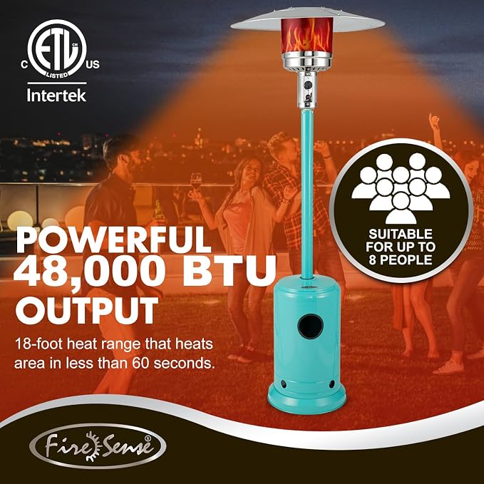 Fire Sense 61130 All Seasons Patio Heater With Wheels 48,000 BTU Output Electronic Ignition System Portable Outdoor Propane Heater Patio Heater - Aqua Blue