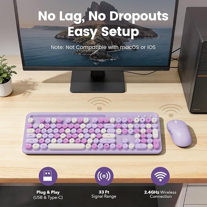 Wireless Keyboard and Mouse Combo, Retro Round Keycaps, Full-Size Stylish Typewriter Keyboard with Large Phone/Tablet Holder, 3-Level DPI Ergonomic Mouse, 2.4GHz Cordless for Windows PC, Lavender Mist