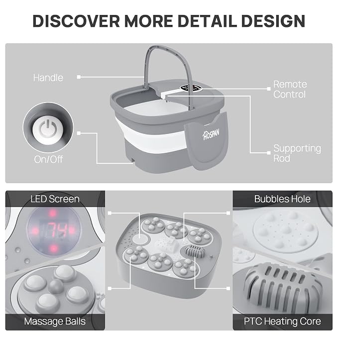 HOSPAN Collapsible Foot Spa Electric Rotary Massage, Foot Bath with Heat, Bubble, Remote, and 24 Motorized Shiatsu Massage Balls. Pedicure Foot Spa for Feet Stress Relief