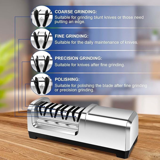 YBSVO 4-Stage Professional Electric Knife Sharpener | Heavy Duty Diamond Sharpening System for Straight & Serrated Knives - Quiet Motor for Kitchen & Chef Use