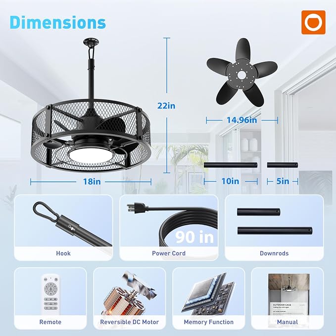 addlon 20 Inch Outdoor Ceiling Fans with Lights, IP65 Waterproof Plug in Caged Hanging Fan for Gazebo, Remote Control, 3 CCT, 6 Speeds Reversible Outdoor Fan for Patio, Pergola, Porch