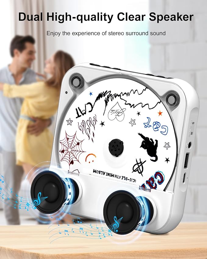 ENVYCLOUD CD Player Portable with Dual Stereo Speakers, Rechargeable Portable Player with Bluetooth for Home with Headphones, Support CD/AUX/USB,White