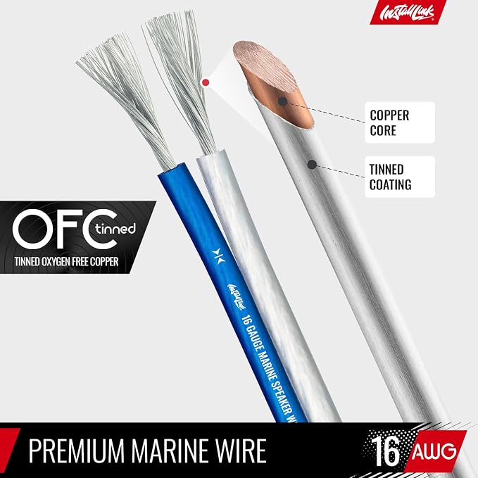 Install Link 16 AWG Gauge (Tinned OFC) Marine Speaker Wire Cable (50 Feet)