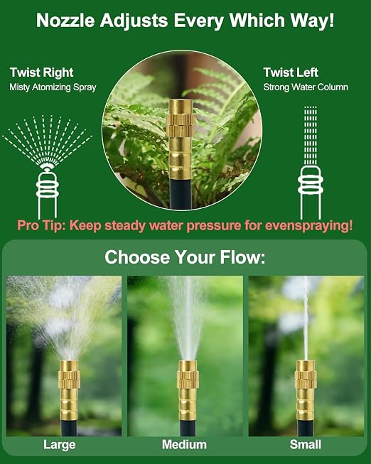 Upgraded 5/16" Drip Irrigation Kit (100FT), High-Flow Garden Watering System with 16 Bendable 360° Brass Misting Nozzles, Quick-Push Connectors & Leak-Proof Design for Patio, Greenhouse & Flower Beds
