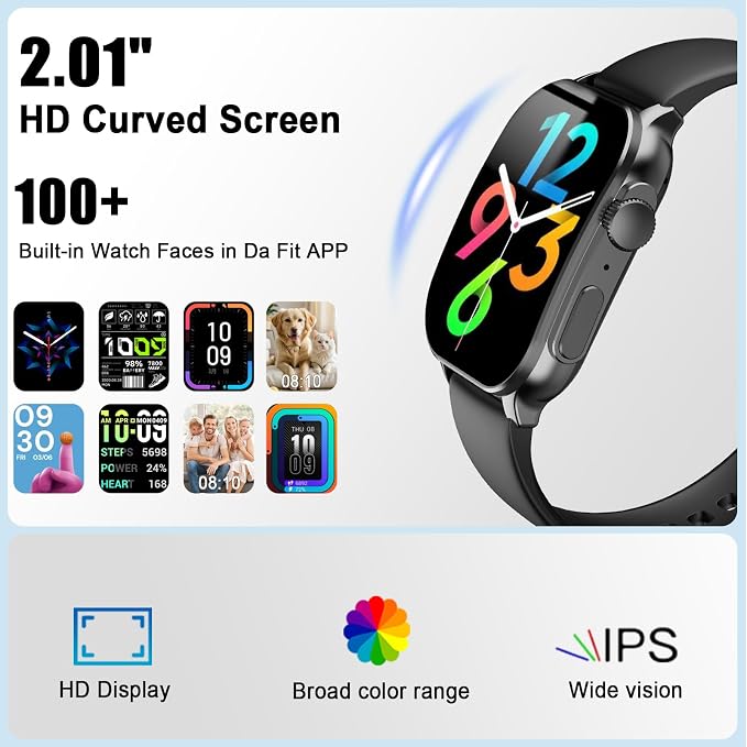 Smart Watch for Men, 2.01" AMOLED Curved Display Fitness Tracker with Answer/Make Calls, 100+ Sport Modes, Fitness Watch with 24/7 Heart Rate/Sleep Monitor/Pedometer, IP68 Waterproof, for Android iOS
