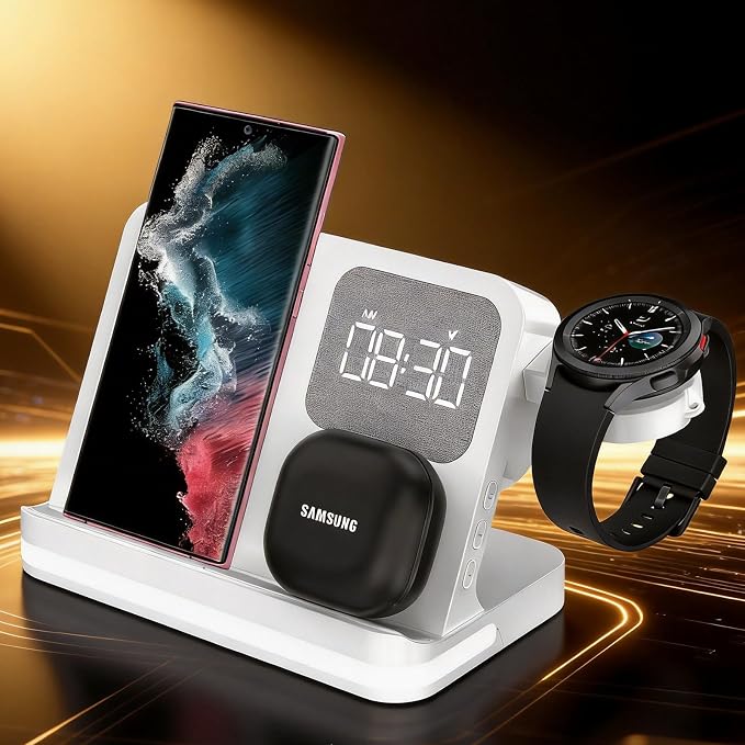 3-in-1 Wireless Charging Station with Digital Alarm Clock, Dimmable Night Light & 15W Fast Charge | All-in-One Bedside Dock for Qi Phones, Smart Watches, Wireless Earbuds, B22 White.