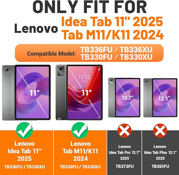 SEYMAC stock Tablet Case for Lenovo Idea Tab 11'' / M11 (TB336FU/TB330FU) 11 inch Drop-Proof Protection Cover with 360° Rotate Stand & Strap [Pen Holder] & Screen Protector 2025/2024, Orange+Black