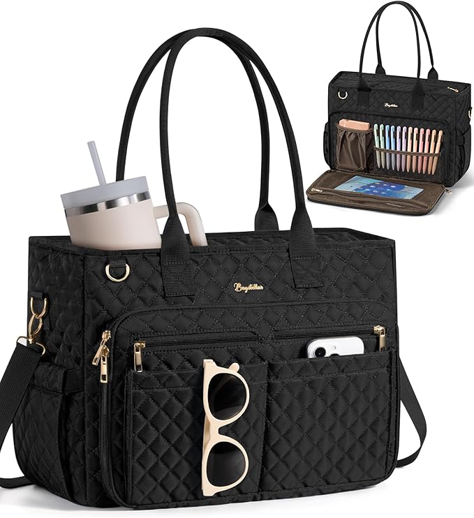 Bagstellar Teacher Bags for Women, 15.6 inch Laptop Work Tote Bag Quilted Nurse Bible Computer Shoulder Bag for School Travel | Dream Tote Work Bag, with 40oz Cup Holder, Insulated Pocket, Zipper & Strap, Office Briefcase, Ideal Gift for Women