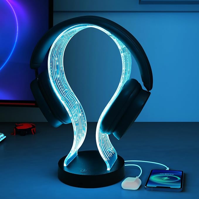 Ammonite Light Up Headphone Stand, 16 Color Lights Gaming Desk Accessory with 1 USB Charging Port and 1 Type-C Charging Ports, USB Power and PCB Pattern, Gifts for Gamers Boyfriend Boy Man