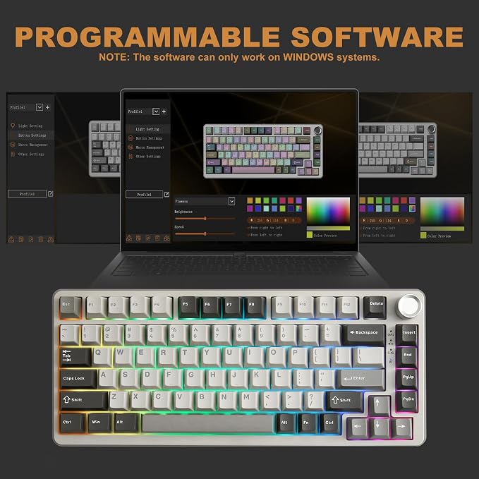 YUNZII B75 PRO Wireless Mechanical Keyboard,75% Layout with Knob,Hot Swap Gasket Custom Structure,Creamy Pre-lubed Switches,RGB Backlit,Bluetooth/Type-C/2.4G for Win/Mac(Milk Switch,Grey)