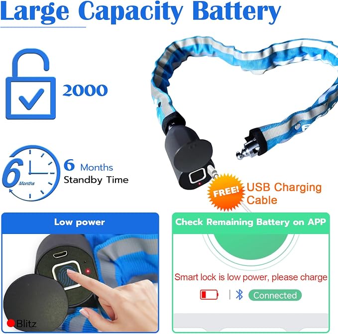 Eseesmart Bike Chain Lock, Fingerprint Bike Locks Heavy Duty Anti Theft, 3.28 Feet Security Bike Locks with APP, Waterproof Smart Cable Lock for Bike, Bicycle, Scooter, Motorcycle, Door, Gate, Fence
