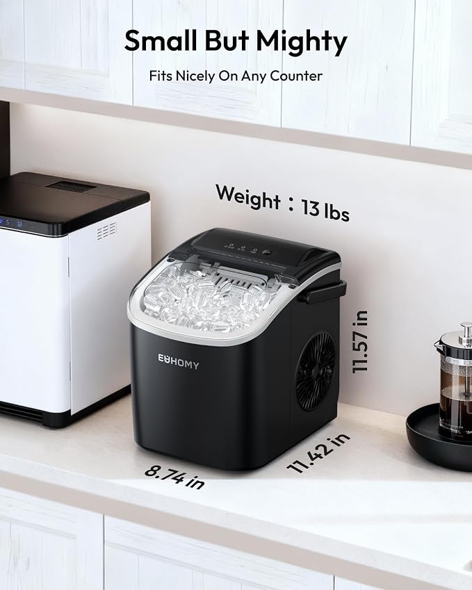 EUHOMY Countertop Ice Maker Machine with Handle, 26lbs in 24Hrs, 9 Ice Cubes Ready in 6 Mins, Auto-Cleaning Portable Ice Maker with Basket and Scoop, for Home/Kitchen/Camping/RV. (Black)