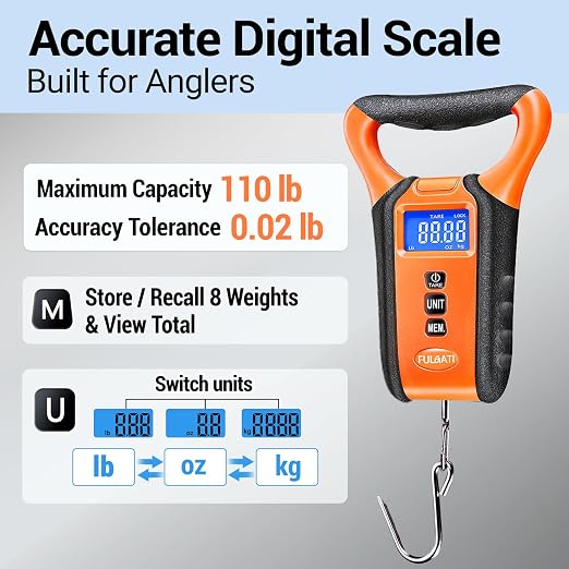 Fish Scale Digital Waterproof Floating with Carry Case Fishing Weighing Scale with Lip Gripper, Backlit LCD Display,110lb Capacity Memory Storage & Summation -Fishing Gifts for Men