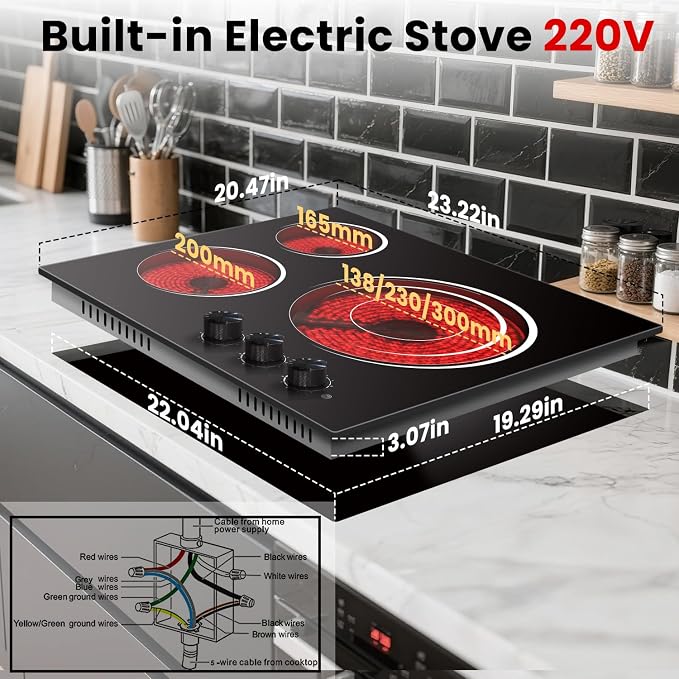Electric Cooktop 24 Inch - 5700W 3 Burner Electric Stove with Knob Conrol, 220-240V Electrics Stove Top 24'', Built-in, Automatic Shutdown & 9 Heating Levels, Residual Heat Warning, Hard Wire