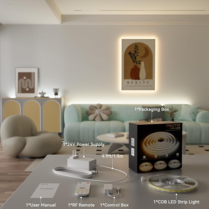 PAUTIX CCT COB LED Strip Light White Tunable 6400LEDs,CRI90+ 32.8ft/10m Dimmable 2700K-6500K 24V LED Tape Lights Kit,Work with Alexa/Google Assistant,for Under Cabinet Bedroom Kitchen DIY Lighting
