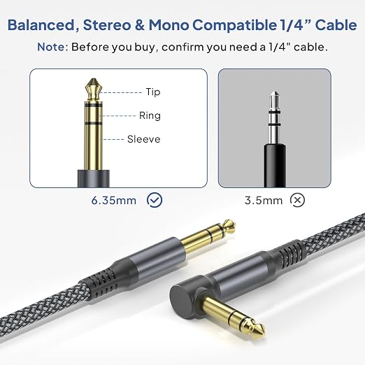 Elebase 1/4 Inch TRS Instrument Cable 6.6ft 2-Pack,Right-Angled to Straight 6.35mm Male Jack Stereo Audio Cord,6.35 Balanced Interconnect Line for Electric Guitar,Bass,Keyboard,Mixer,Amplifier,Speaker