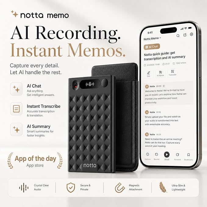 AI Voice Recorder, Notta Memo Digital Voice Recorder w/Case, AI Transcription & Summary of Global Main Languages, 2000h Recording Memory, One-Press Recording for Calls, Meetings, Interviews, Lectures