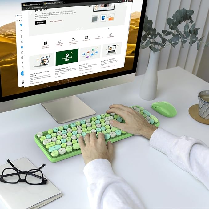 KNOWSQT Wireless Keyboard and Mouse Combo, Green 104 Keys Full-Sized 2.4 GHz Round Keycap Colorful Keyboards, USB Receiver Plug and Play, for Windows, Mac, PC, Laptop, Desktop